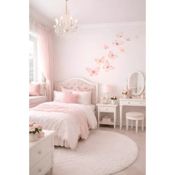 Dreamy pink girls bedroom with butterflies, chandelier and vanity