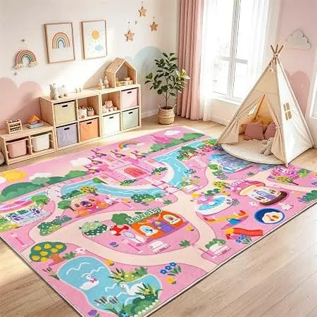 Pink girls playroom with castle play rug, teepee and pastel storage cubbies