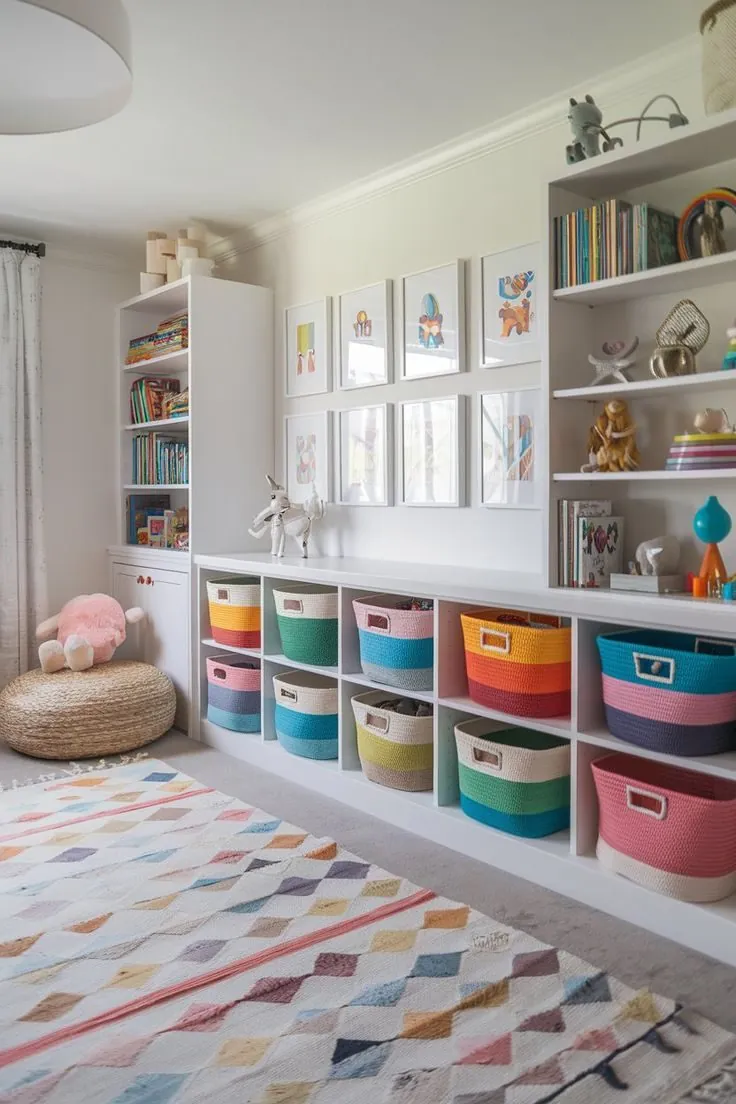 Organized playroom with labeled rope baskets in white cubbies
