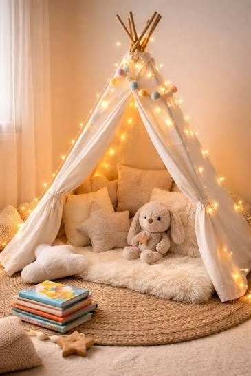 Cozy reading nook teepee with twinkle lights, sheepskin rug, pillows and a plush bunny